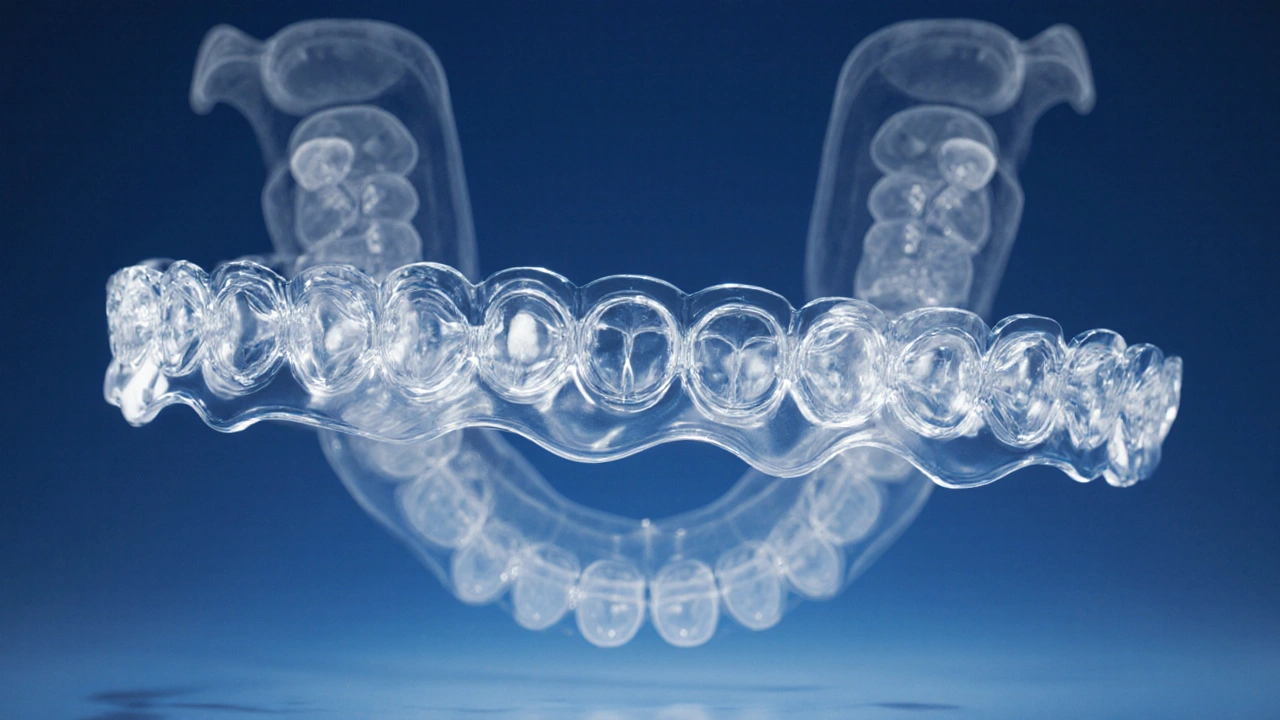 Průhledné alignery v sérii s 3D skenem zubů na pozadí, znázorňující postupný pohyb zubů.