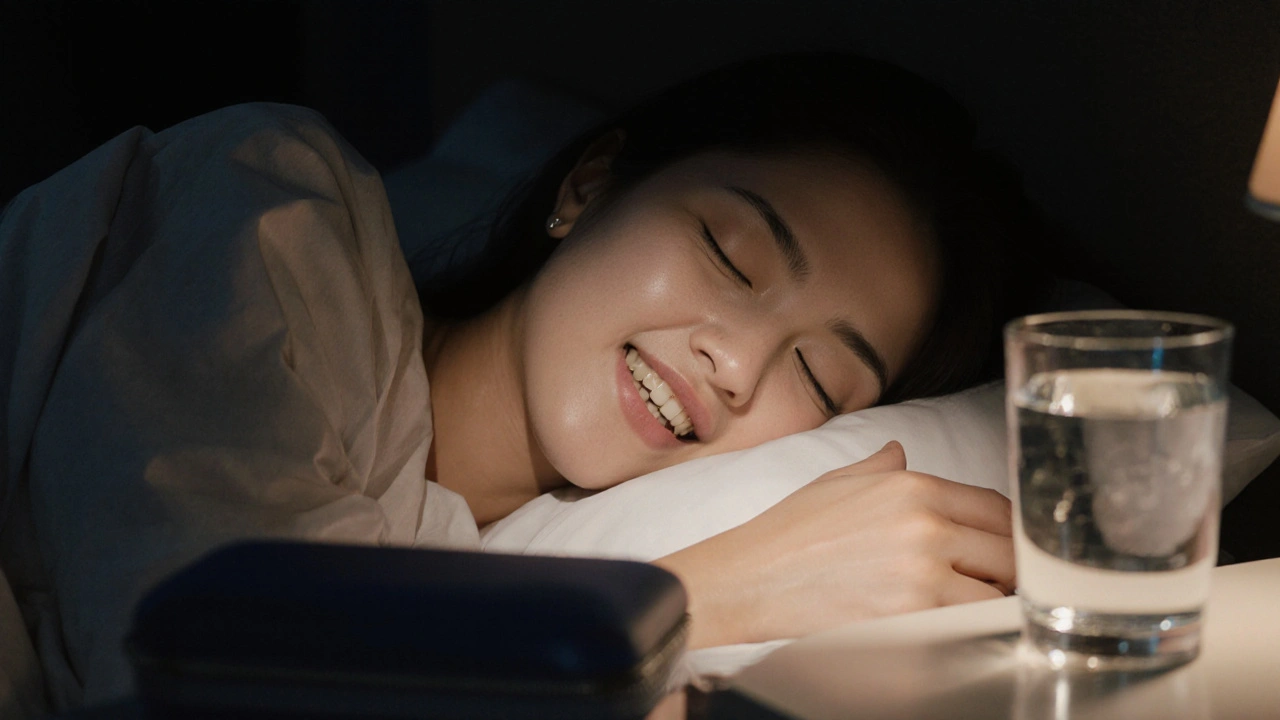 Žena spí s retentorem na zubech, měsíční světlo osvětluje její úsměv.