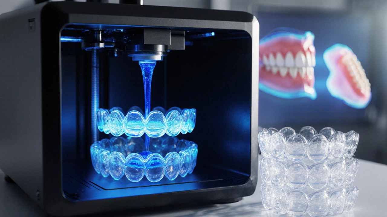 3D tiskárna vyrábí sérii průhledných rovnátek vrstva po vrstvě.