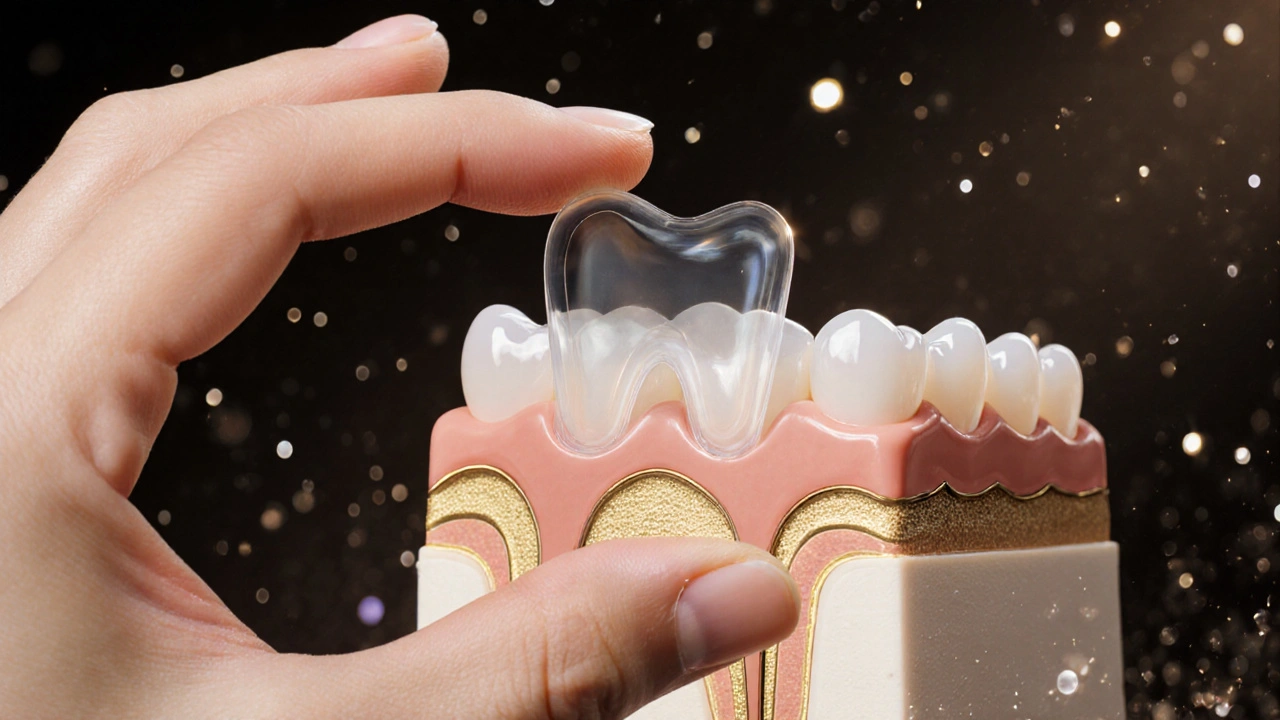 A single porcelain veneer floating against a soft depiction of dental anatomy.