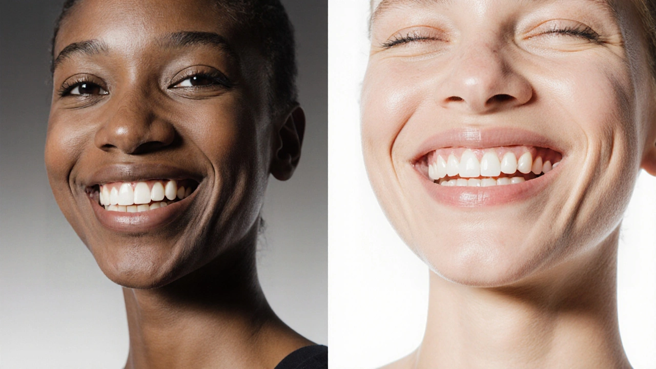 Before and after comparison of a smile with stained teeth versus bright veneers.