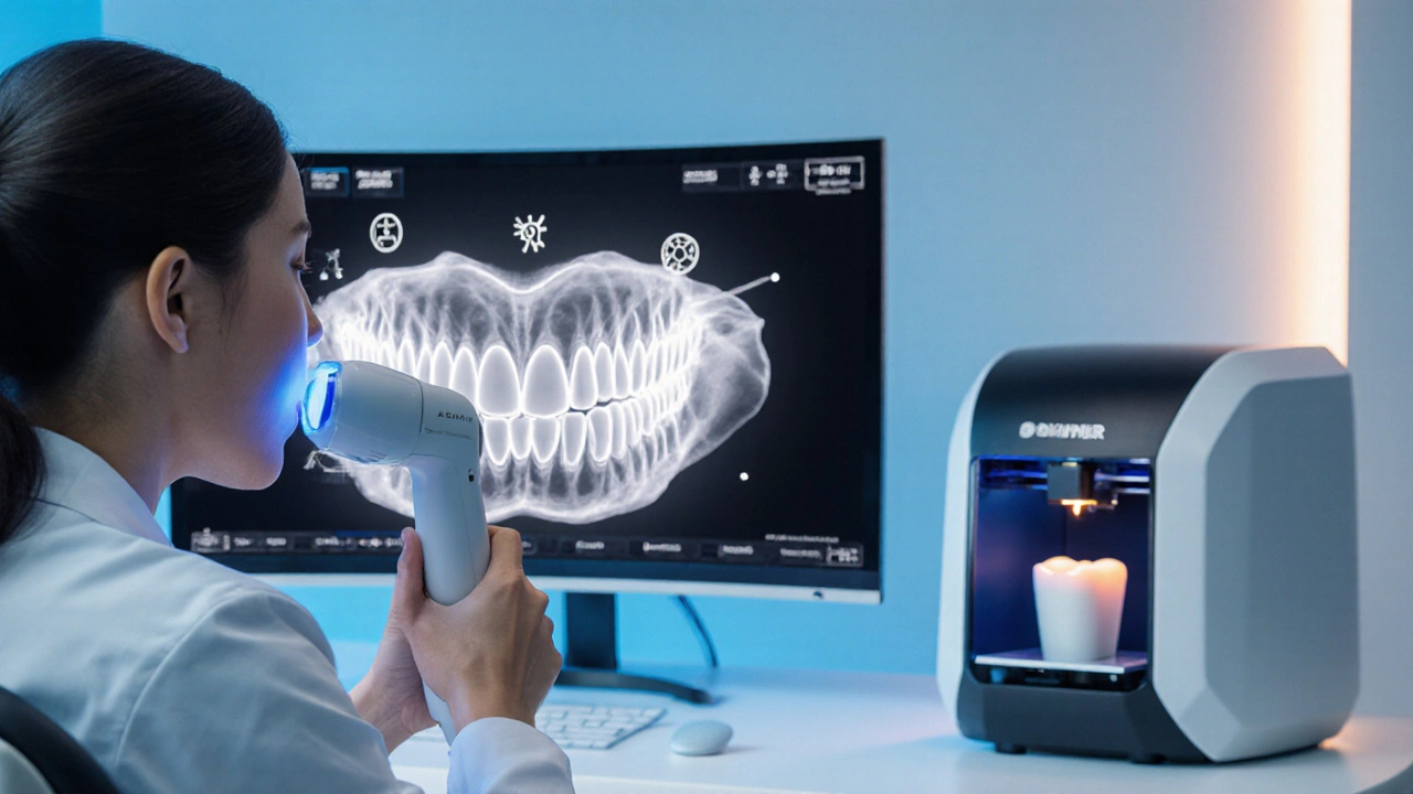Dentální laboratoř s intraorálním skenerem, 3D modelem a tiskárnou fazet.