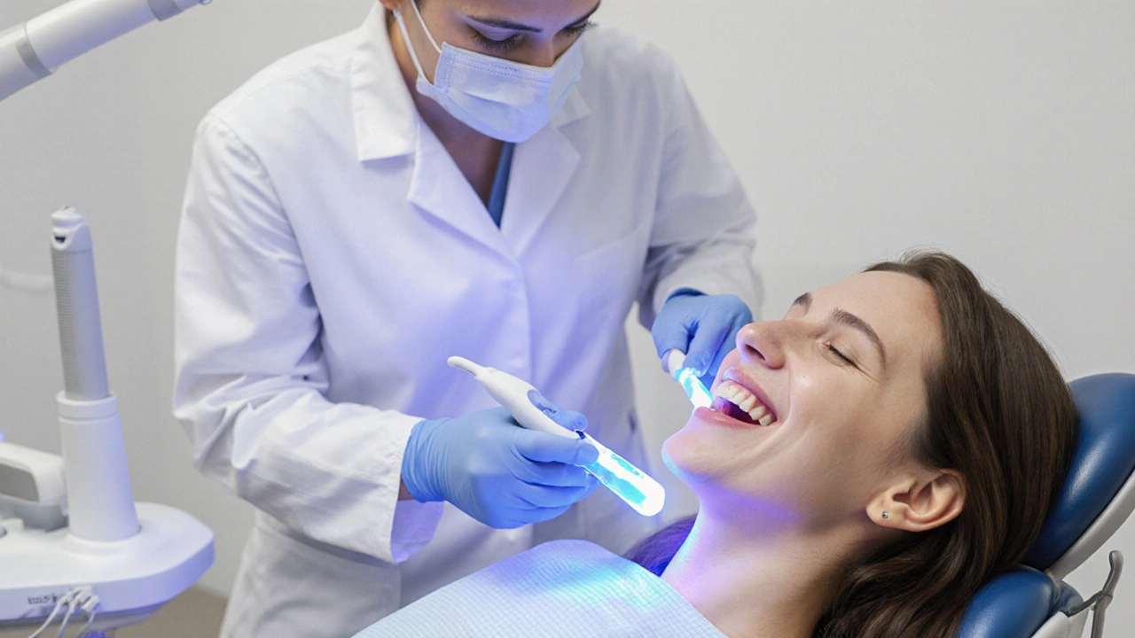 Dentista provádí LED bělení zubů, pacient s jasně bílým úsměvem.