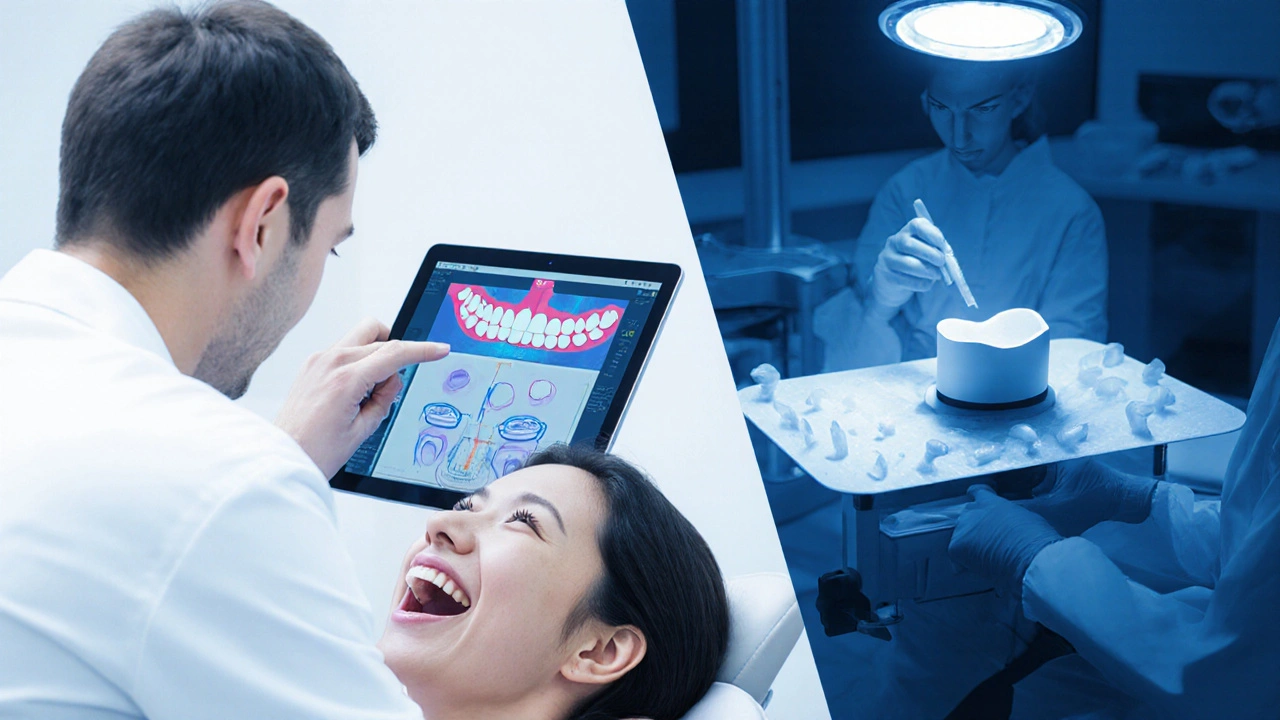 Dentista ukazuje digitální návrh fazet, technik vyrábí keramické čepičky v laboratoři.
