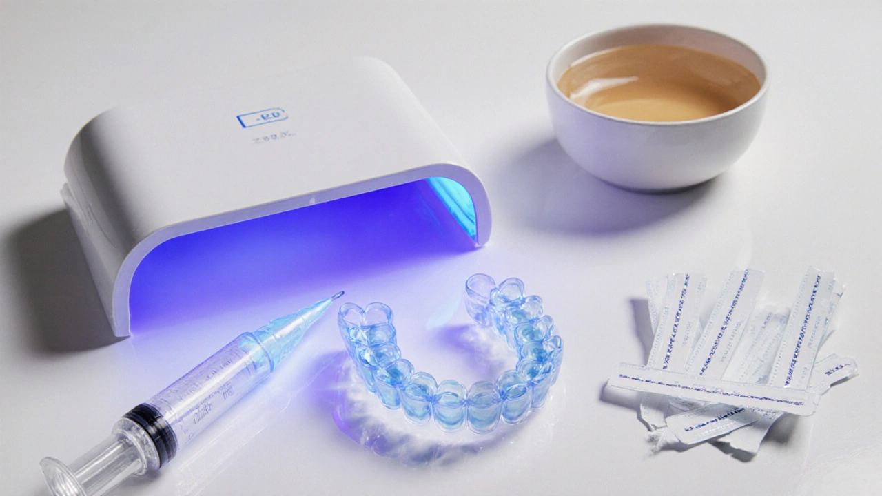 Detailní rozložení gelu, plastových šuplíků a LED lampy připravených k aplikaci.