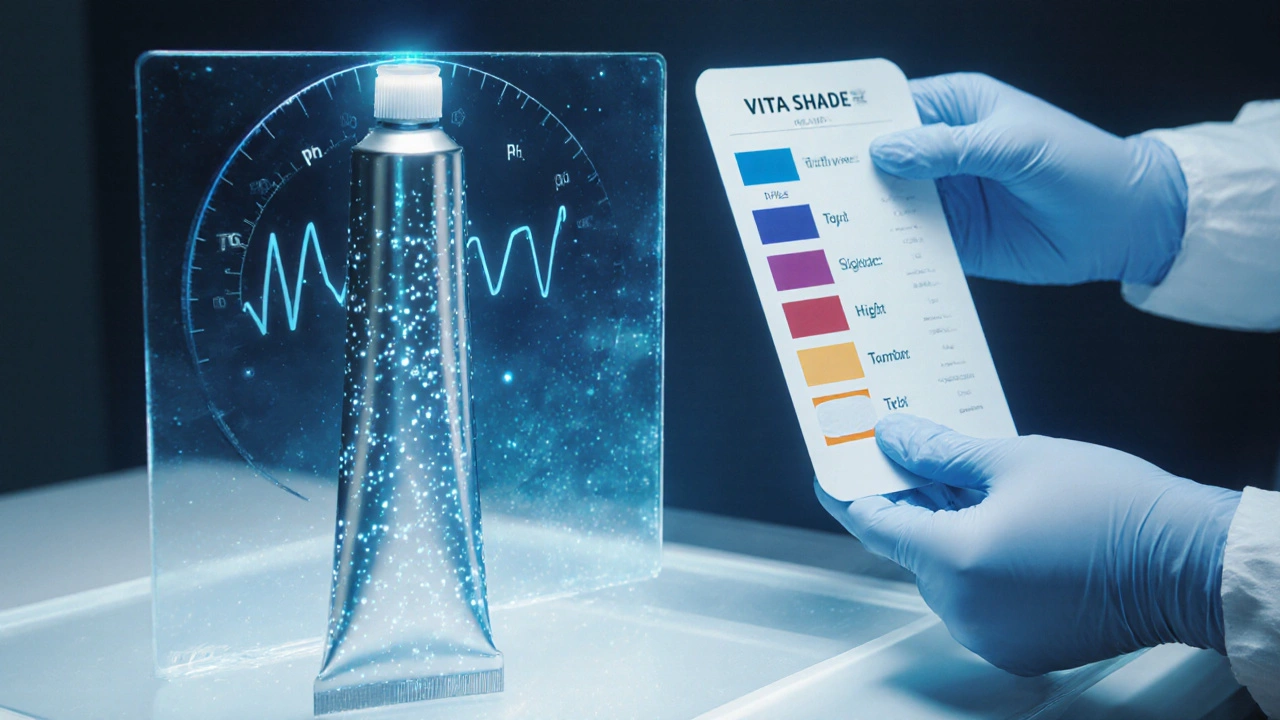 Futuristická tube s nanočástečkami a holografickým měřičem pH u dentisty.