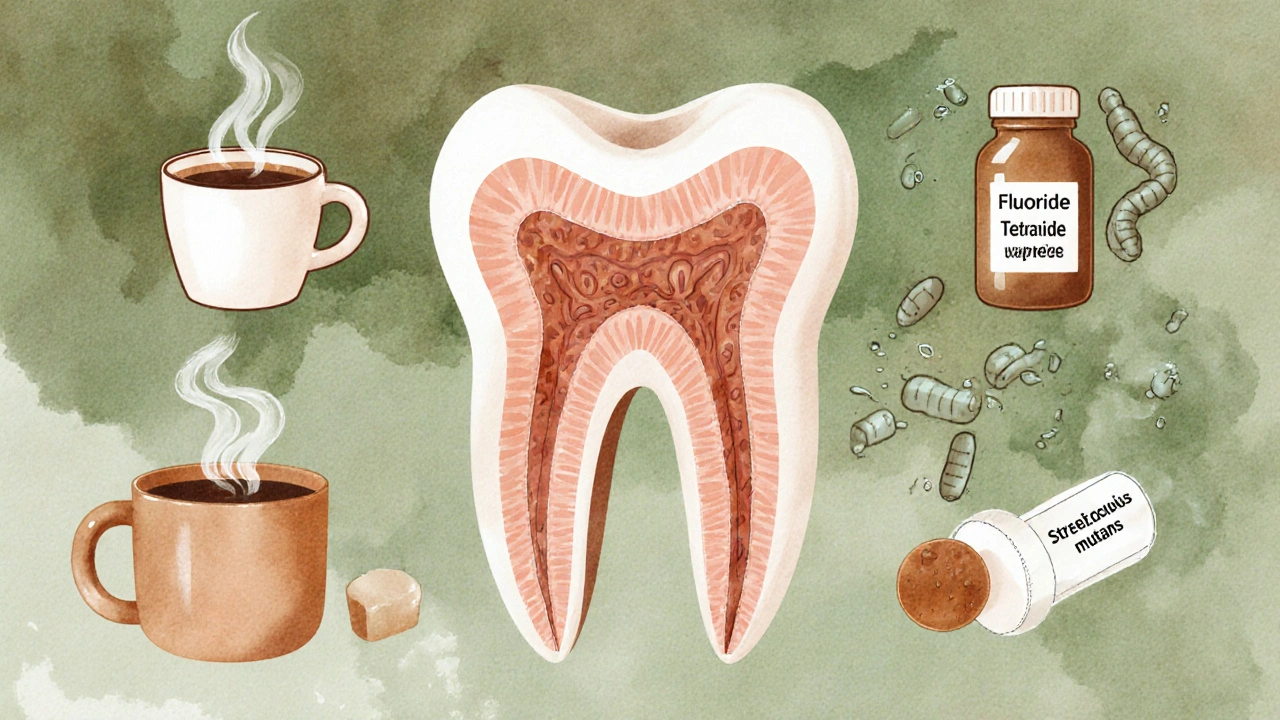Ilustrace příčin zabarvení zubů – káva, čaj, cigareta, cukr, fluoróza, tetracyklin a bakterie.