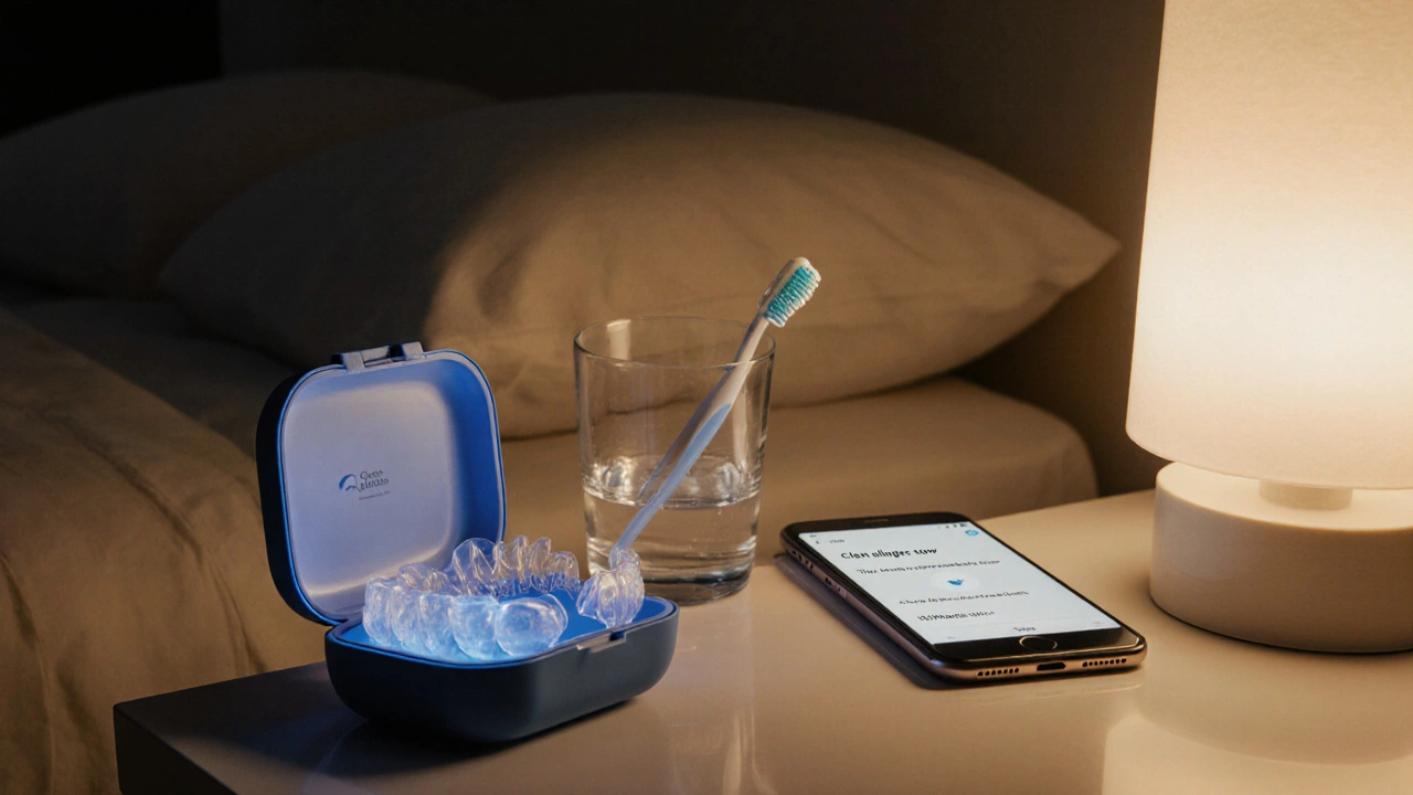 Neviditelná rovnátka uložená v kontejneru na nočním stolku vedle sklenice vody.