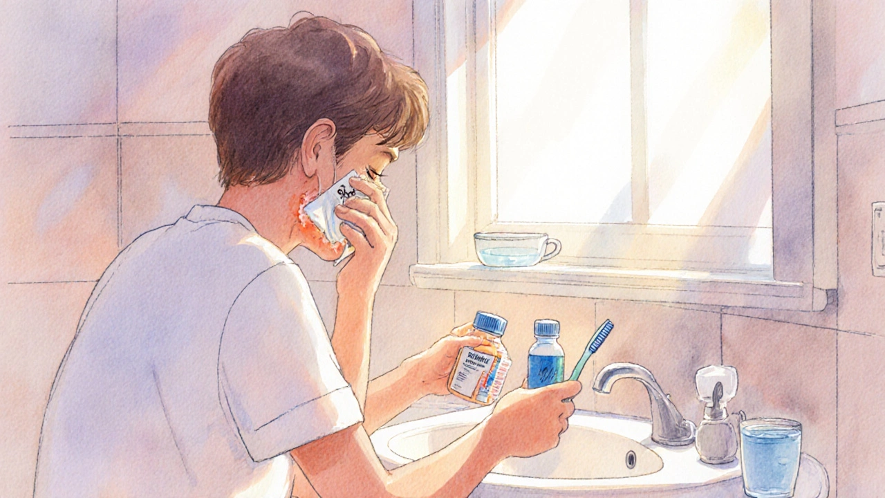 Osoba si na tvář klade teplý obklad a drží léky a zubní kartáček.