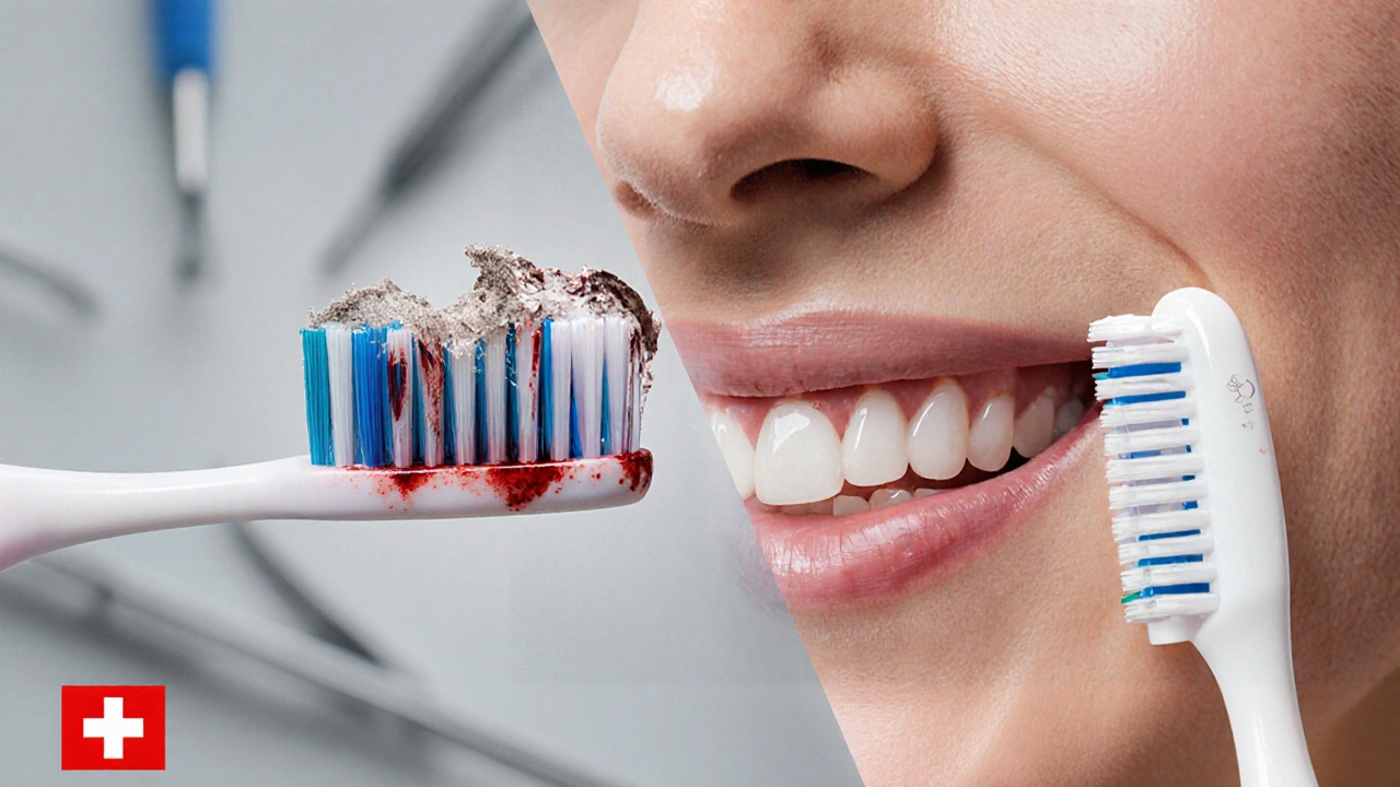 Porovnání poškozeného kartáčku a TrueLife – krvácení dásní vs. zdravá ústní dutina.