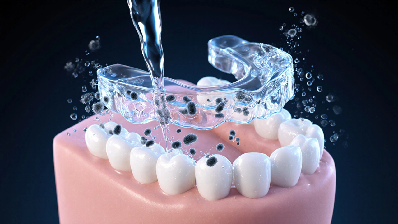 Průhledné rovnátka s mikroskopickými bakteriemi, které jsou omyvány čistou vodou.