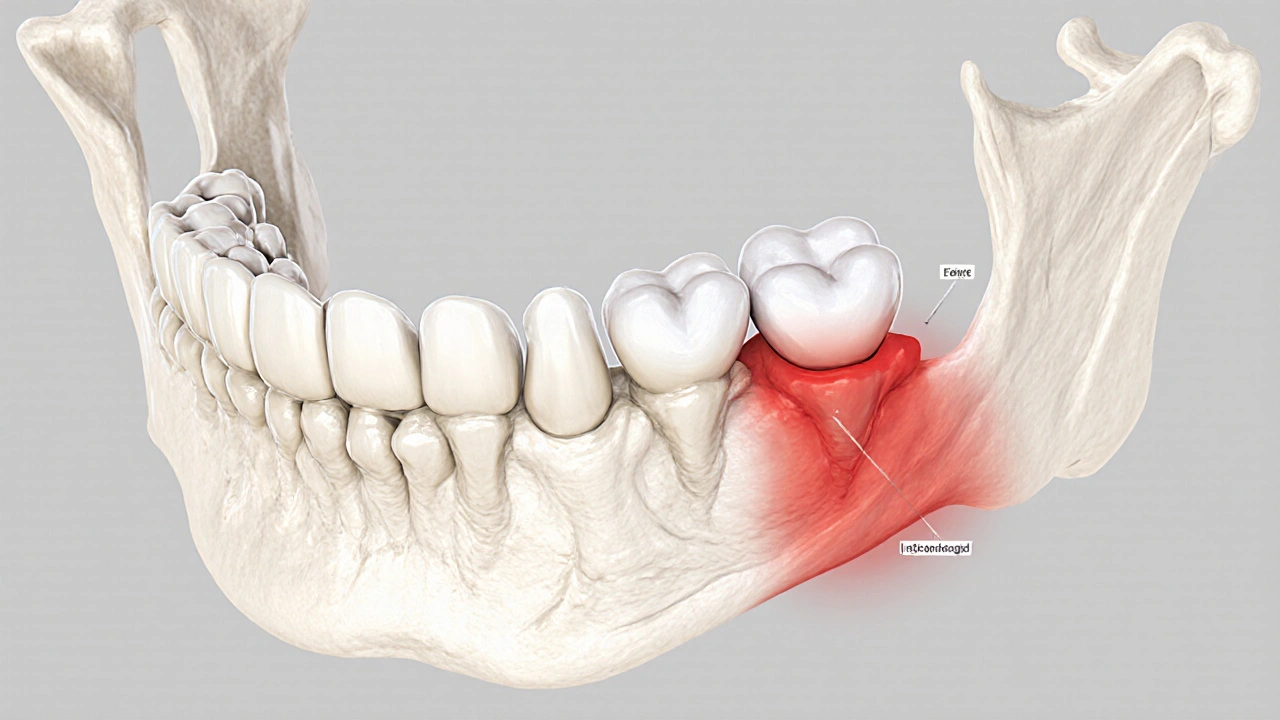 Rentgenový snímek čelistí s vyznačeným částečně úponělým moudrkarem.