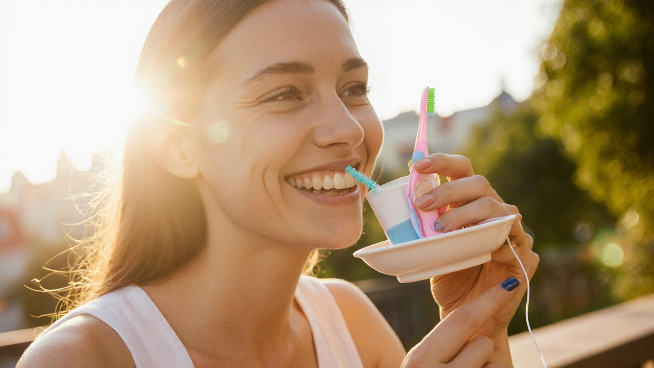 Šťastná osoba s bílým úsměvem pije kávu slámkou, drží zubní kartáček a nit.
