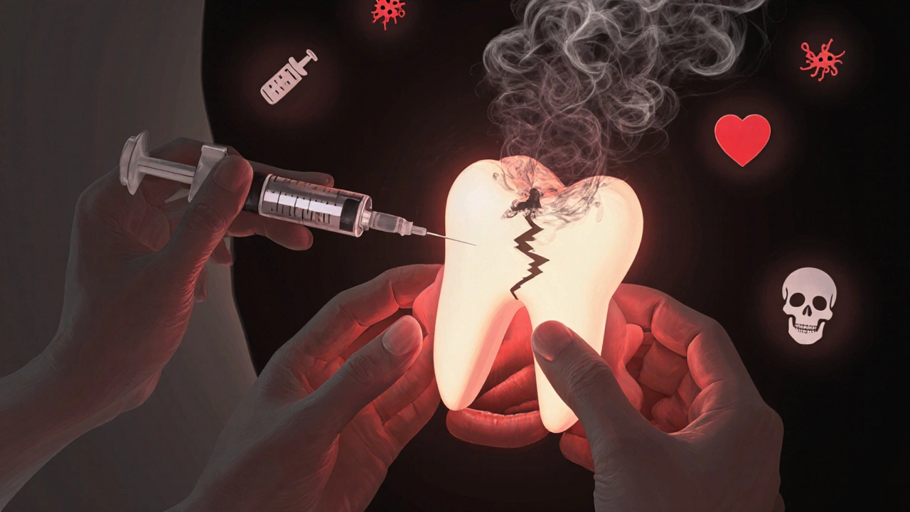 Surreální obraz úst s vytrhávaným zubem, z něj vystupují bakterie jako kouř, symbolizující riziko domácího vytrhnutí.