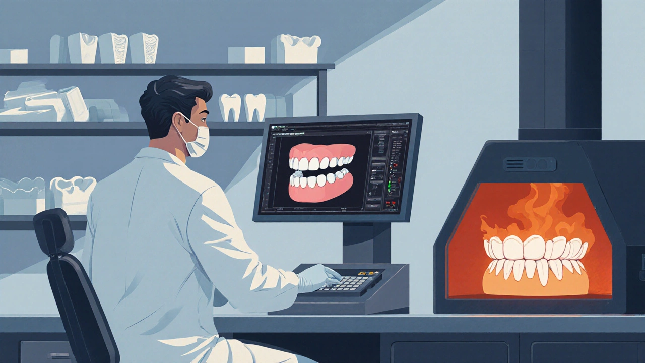 Technik v laboratoři vyrábí keramickou korunku pomocí CAD/CAM.