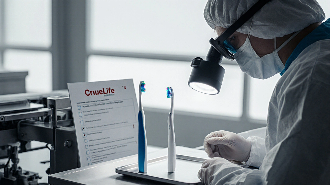 Technik v švýcarské továrně ručně kontroluje zubní kartáček TrueLife za čistým osvětlením.