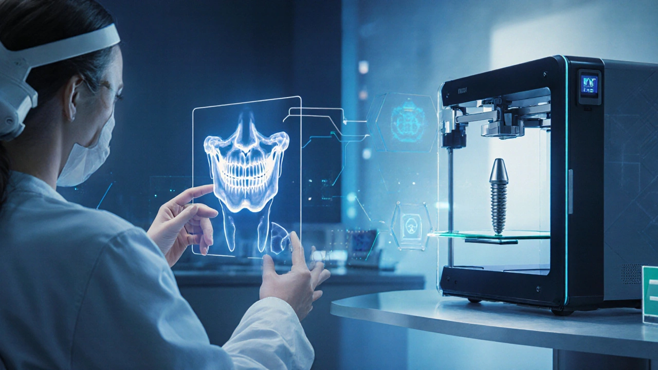 Technologická laboratoř s holografickým modelem čelisti a 3D tiskem implantátu.