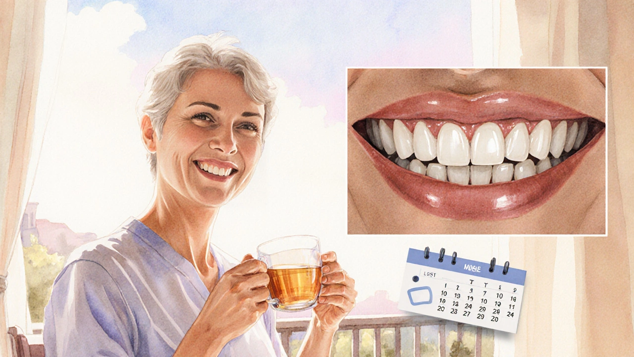 Uvolněný pacient po zákroku na slunné terase s úsměvem a dentálním implantátem.