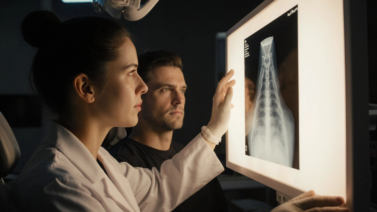 Zubař hledí na rentgenový snímek v klinice, pacient sedí v křesle, světlo z obrazovky osvětluje jejich tváře.