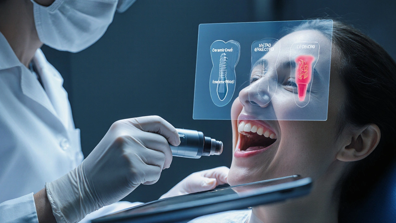 Zubař používá intraorální skener k digitální diagnostice poškozených zubů a zobrazuje možnosti korunky, implantátu a výplně.