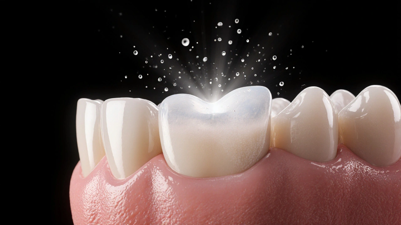 A thin ceramic veneer hovering above a tooth with glowing light effects.