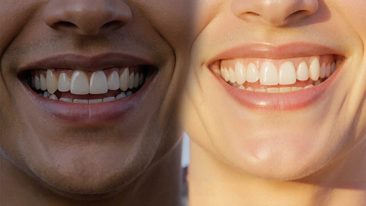 Before and after comparison of a smile with and without dental veneers.