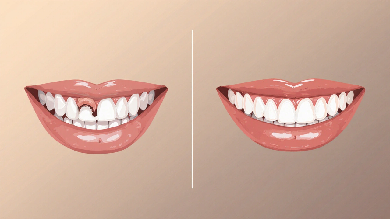 Before and after view of a smile with minor tooth irregularities corrected.