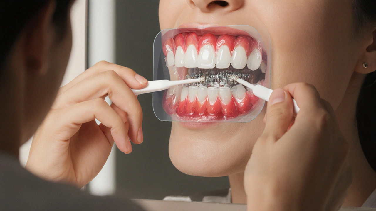 Člověk čistí mezizubní prostory kartáčkem, zatímco pod dásními se tvoří plak.