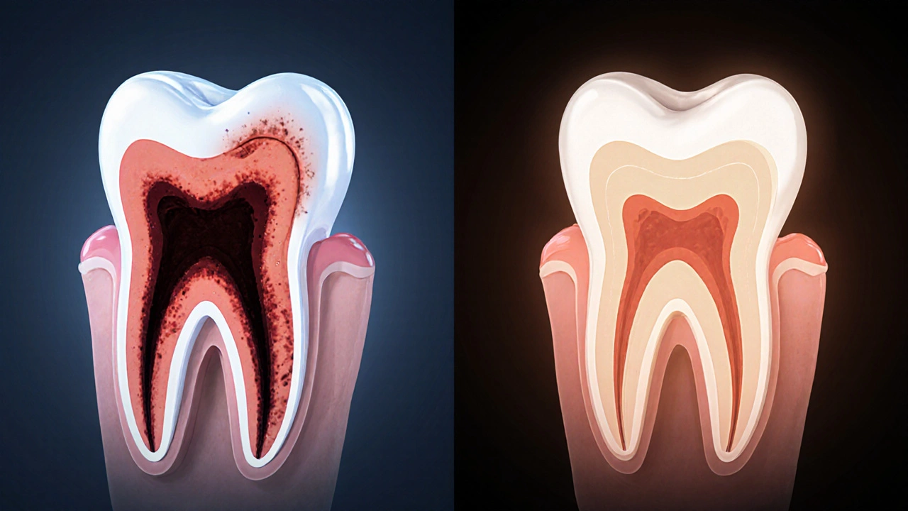 Cross-section of a tooth showing infected bone tissue being replaced by sealed root canal filling.