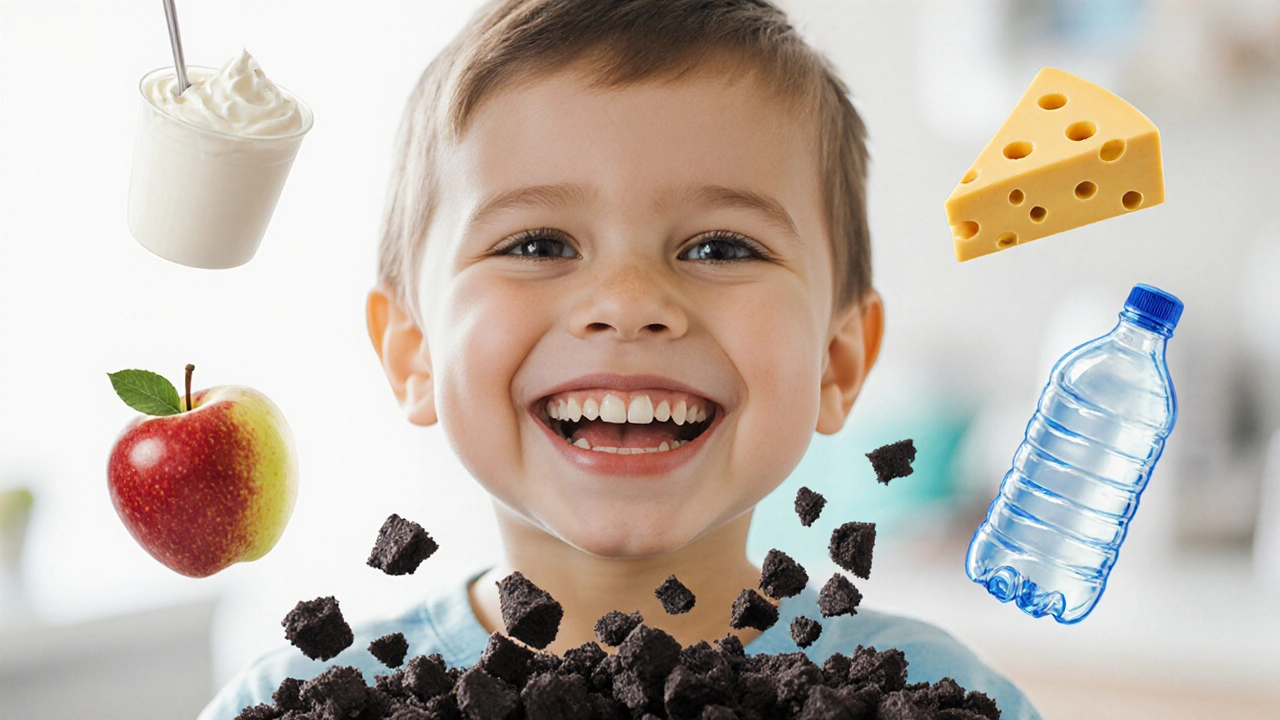 Dítě se usmívá s čistými zuby, kolem něj plavou zdravé potraviny, zubní kámen padá jako odpad.