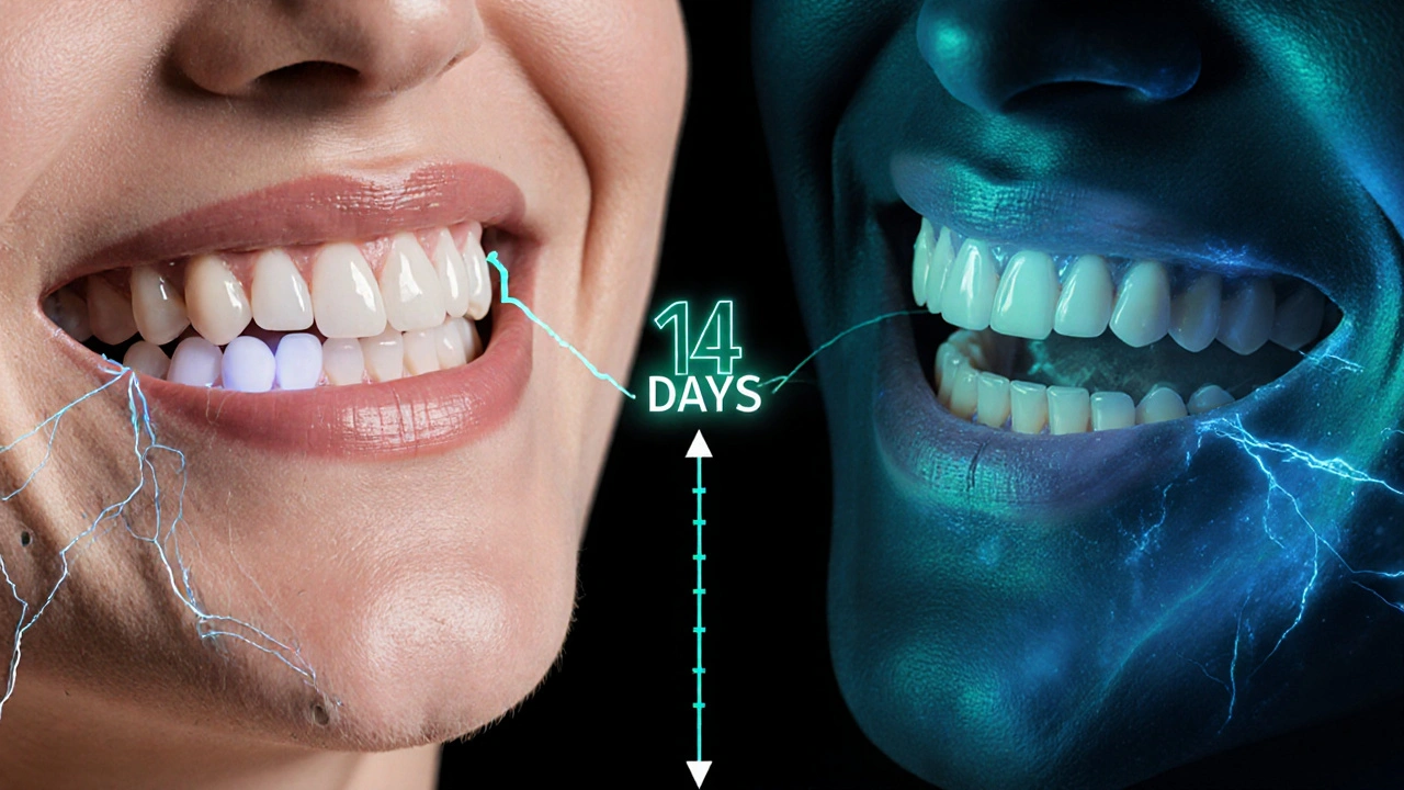 Dvě části obrázku: poškozené zuby vs. zdravé bělící se zuby.