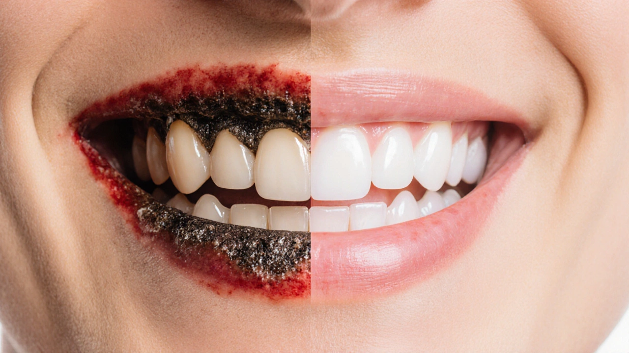 Dvě strany úst: jedna s kamenem a zánětem, druhá se zdravými zuby a dásněmi po čištění.