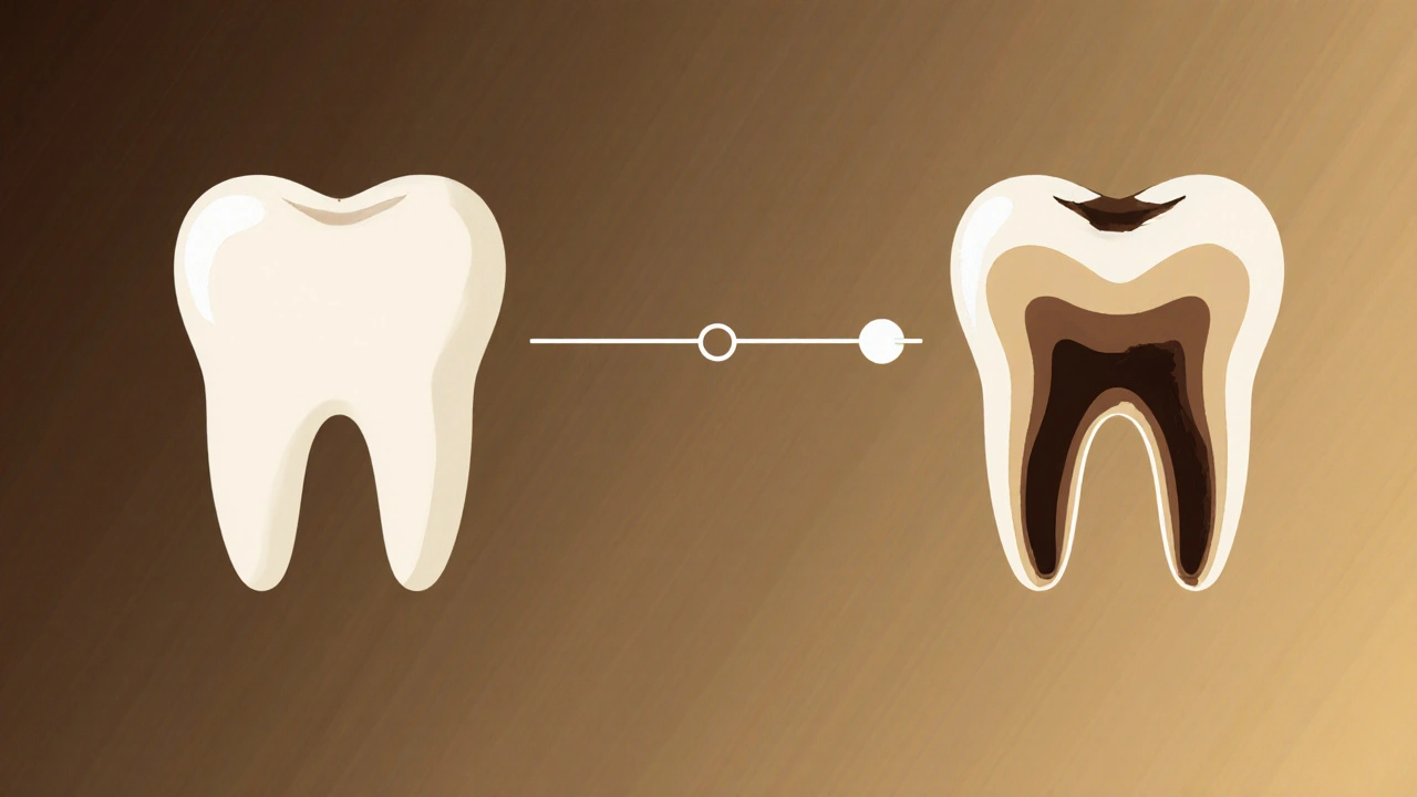 Dvě strany zubu: zdravý a poškozený s plombou, symbolizující prevenci a léčbu.