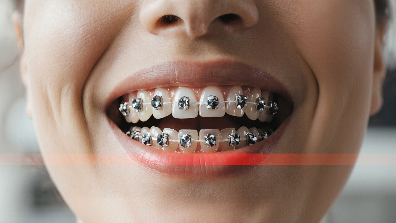 Fixní rovnátka s tajemnými zuby moudrosti, které se snaží způsobit posun zubů.