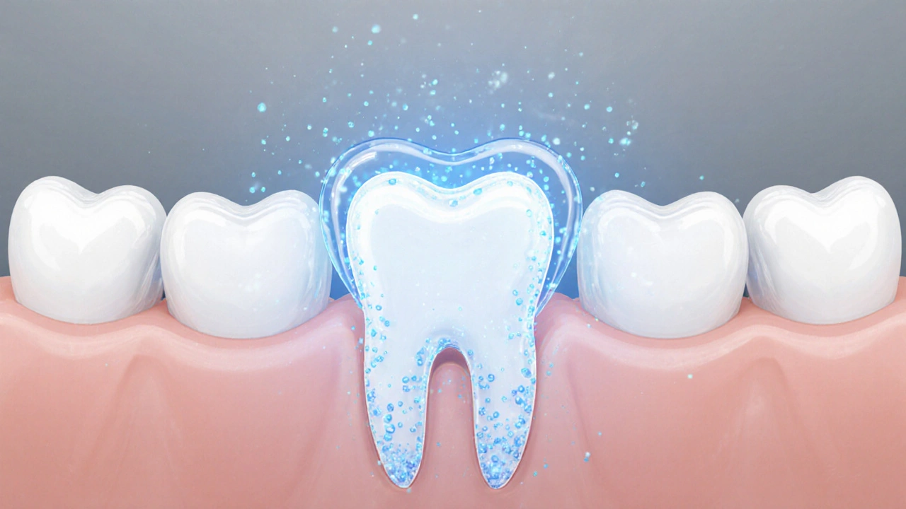 Fluoride ions gently releasing from a glass ionomer filling to protect the surrounding tooth structure.