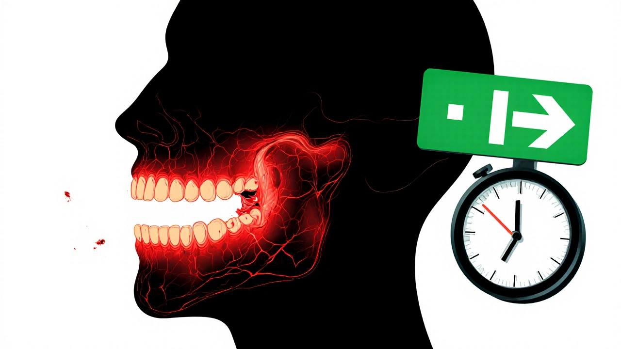 Infekce se šíří z poškozeného zubu do čelisti a krve, symbolizující nouzovou situaci.