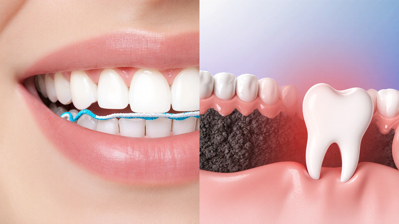 Kontrast mezi zdravými a nemocnými dásněmi – jedna strana čistá a růžová, druhá s odstupujícími dásněmi a kamenem.