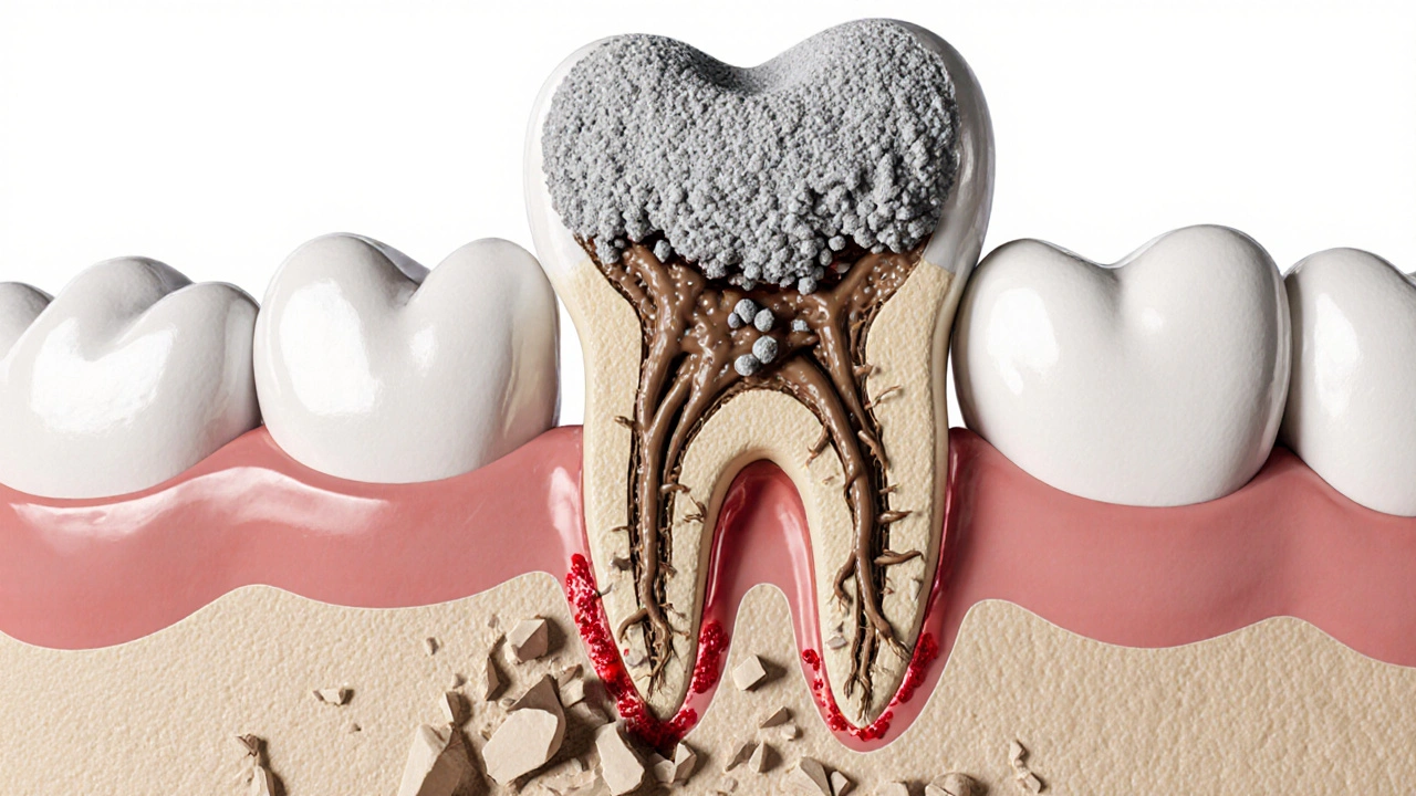 Kořen zubu s ničenou kostí pod dásní jako zničená půda.