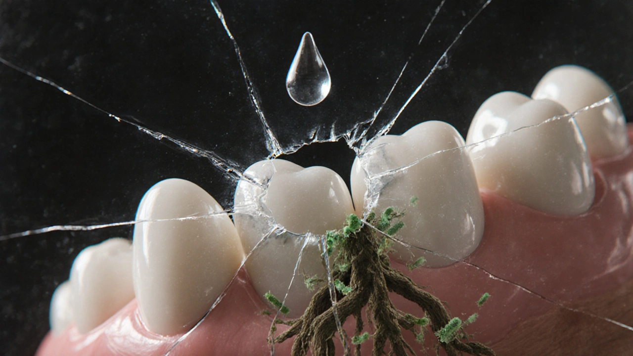 Křehké sklo jako metafora poškozené zubní skloviny s kořeny bakterií.