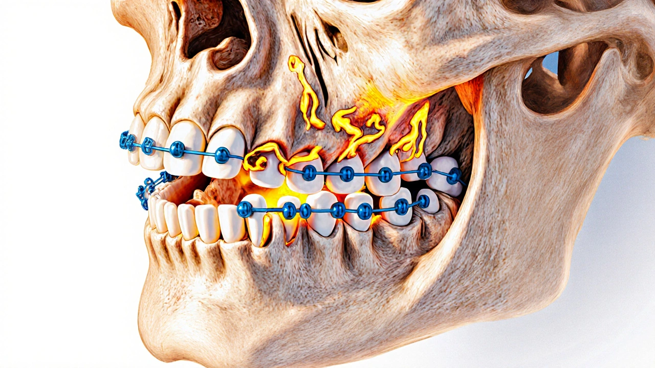 Křížový řez čelisti s prořezávajícími zuby moudrosti ohrožujícími vyrovnání zubů.