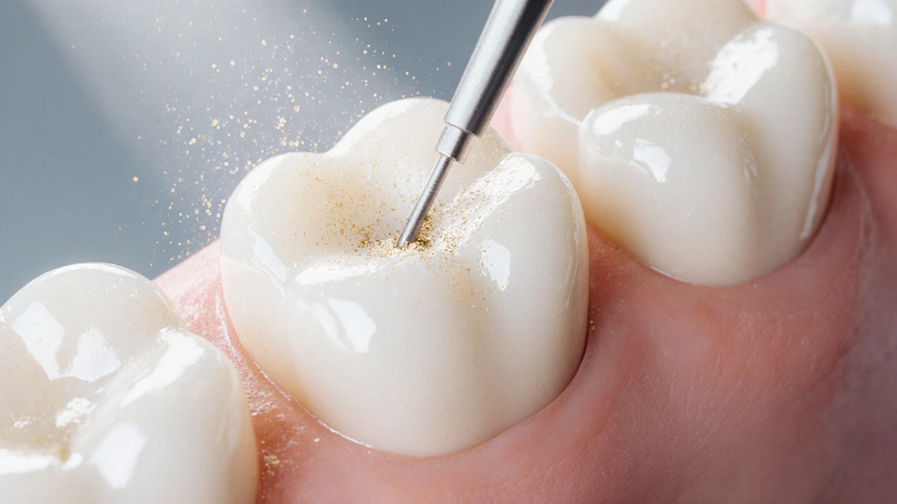 Magnified view of a tooth being gently polished, showing enamel removal under light.