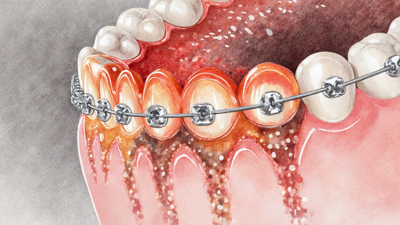 Mikroskopický pohled na plak a zánět kolem rovnátek s výraznými barvami inflamace a demineralizace.