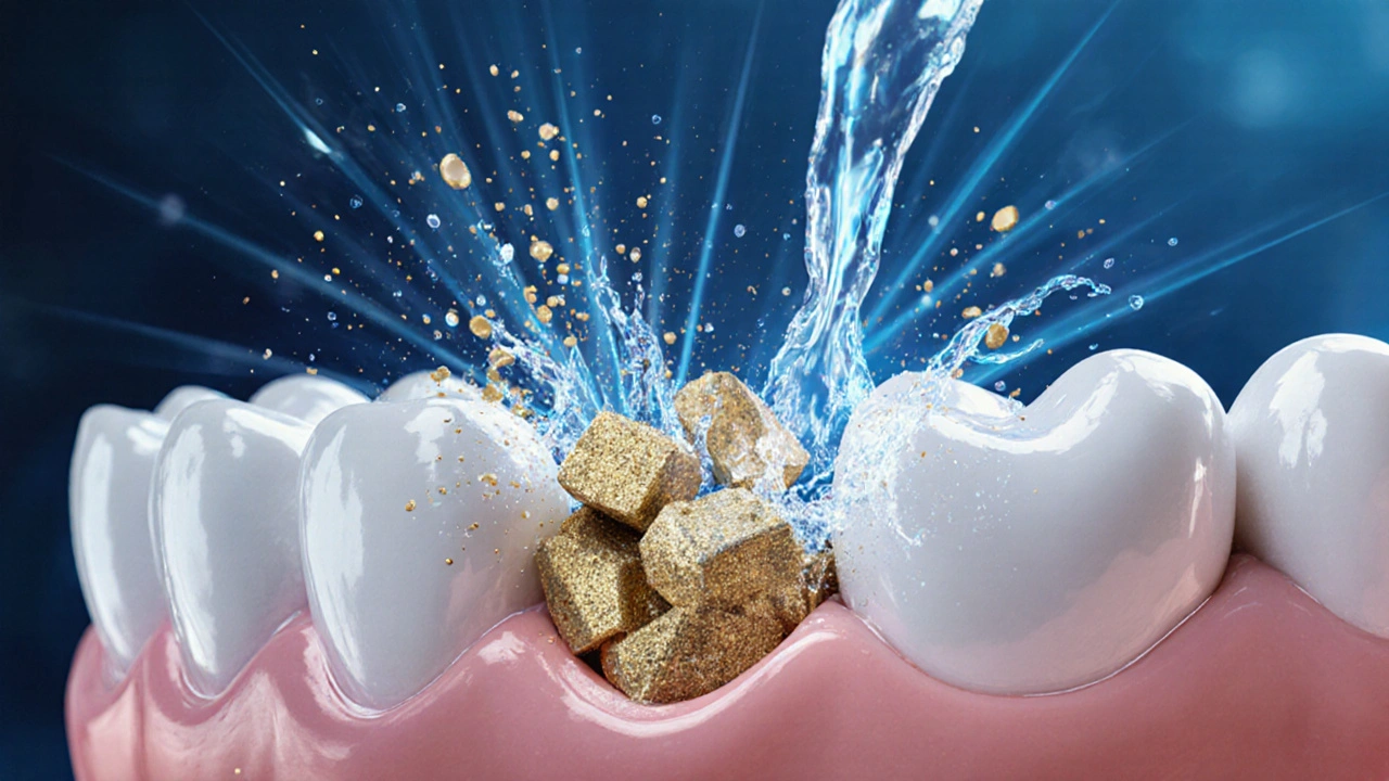 Mikroskopický pohled na rozpad zubního kamene pod vlivem ultrazvukových vln a proudu vody.