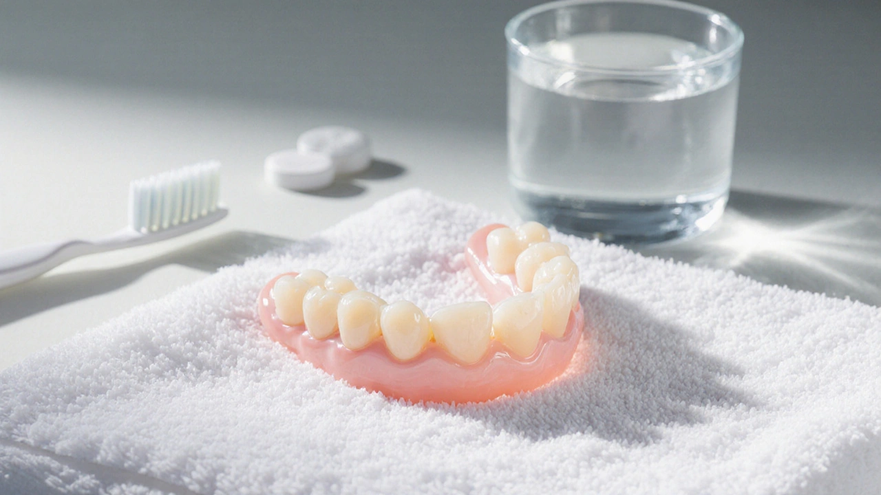 Moderní nasazovací zuby na ručníku s čisticími tabletkami a vodou, detailní textura zubů.