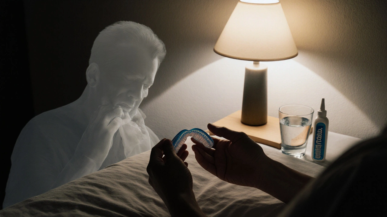 Noční ochranná štětčík pro bruxismus na posteli.