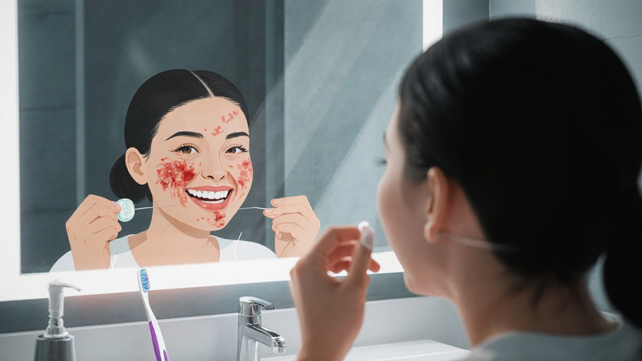 Osoba používá zubní nit s červenými skvrnami plaku na dásní.