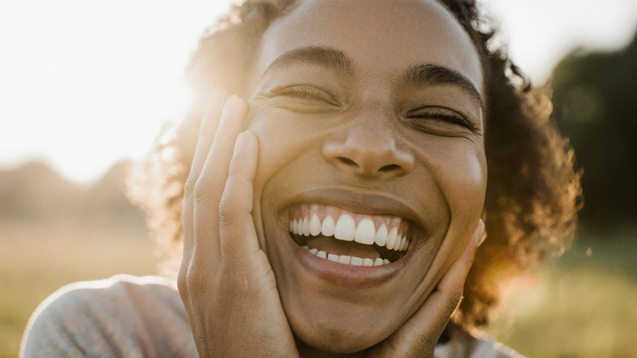 Osoba se směje s plným úsměvem, znázorňující obnovu sebevědomí po implantaci.