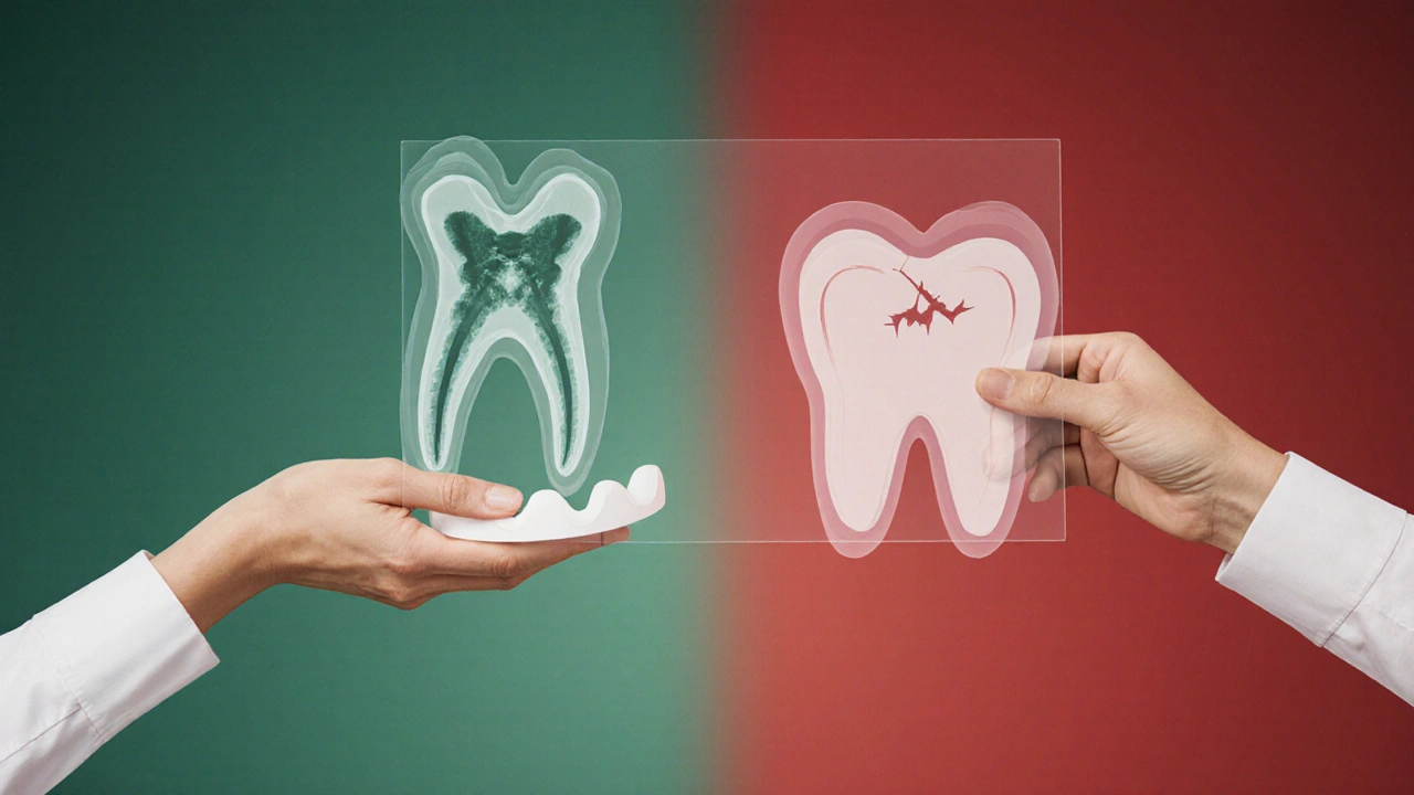 Pacient drží noční ochrannou destičku a rentgen, viditelný rozdíl mezi zdravým a poškozeným zubem.