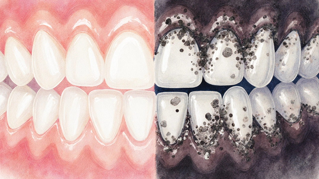 Porovnání zdravých zubů a zubů s náležitostí zubního kamene pod dásněmi.