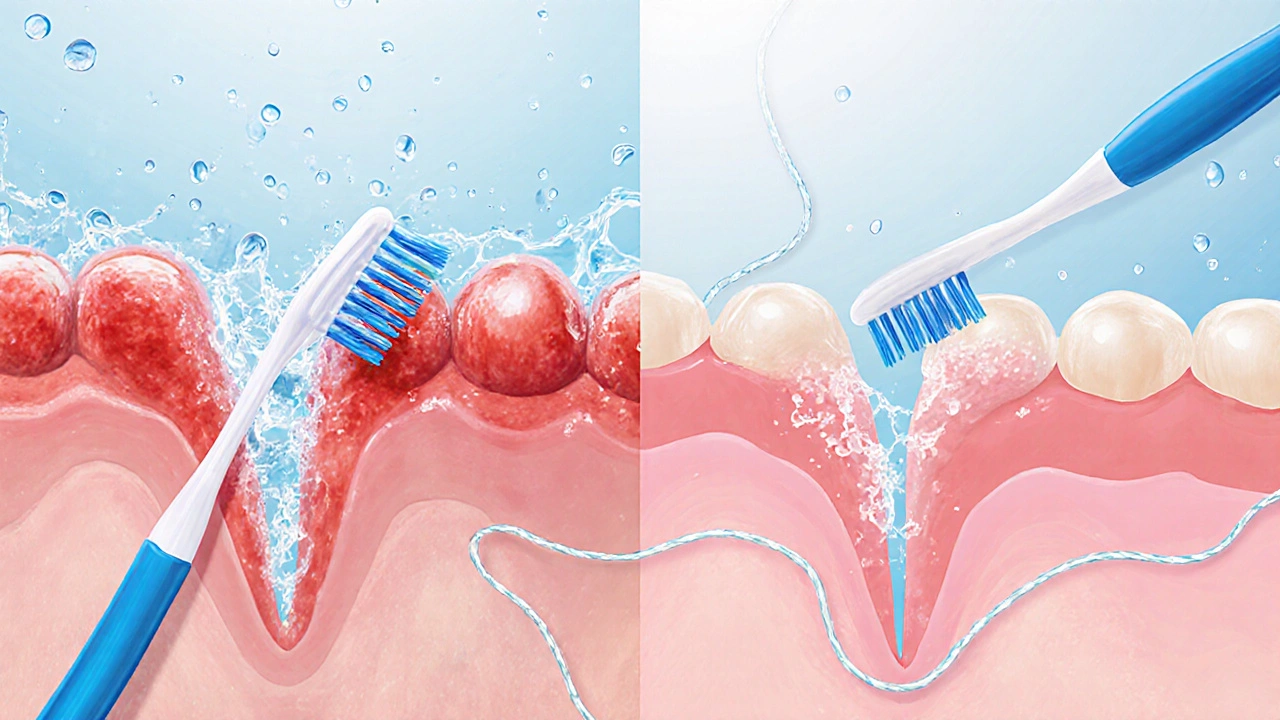 Přechod od zánětlivých k zdravým dásním s kartáčkem a nití jako symboly prevence.